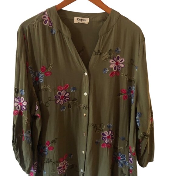 Women's Plus Size Kindred Olive Embroidered Peasant Blouse Top Size 2X - Picture 1 of 4